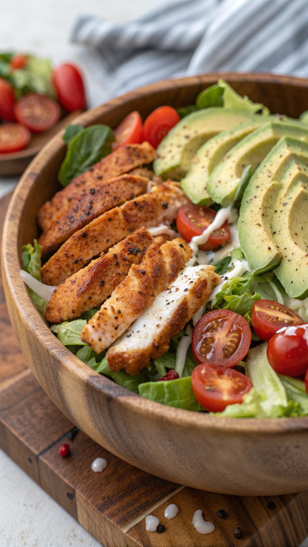 A colorful spicy chicken taco salad with avocado, featuring sliced grilled chicken, cherry tomatoes, and fresh greens in a wooden bowl.