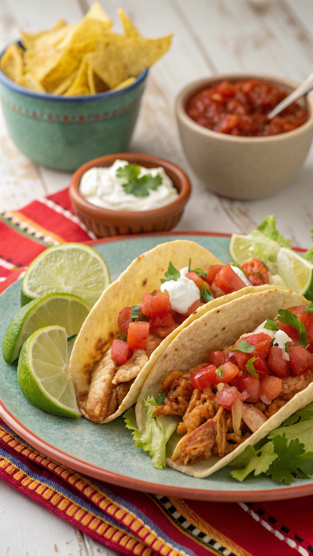 Spicy chicken tacos with toppings and sides