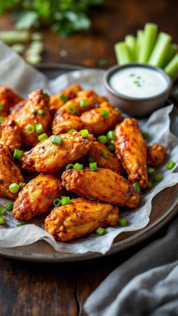 A platter of spicy chicken wings garnished with green onions, served with a side of celery sticks and ranch dip.