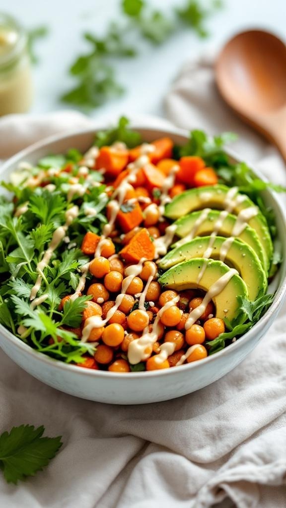 A bowl filled with spicy chickpeas, roasted sweet potatoes, avocado slices, and fresh greens, drizzled with tahini sauce.
