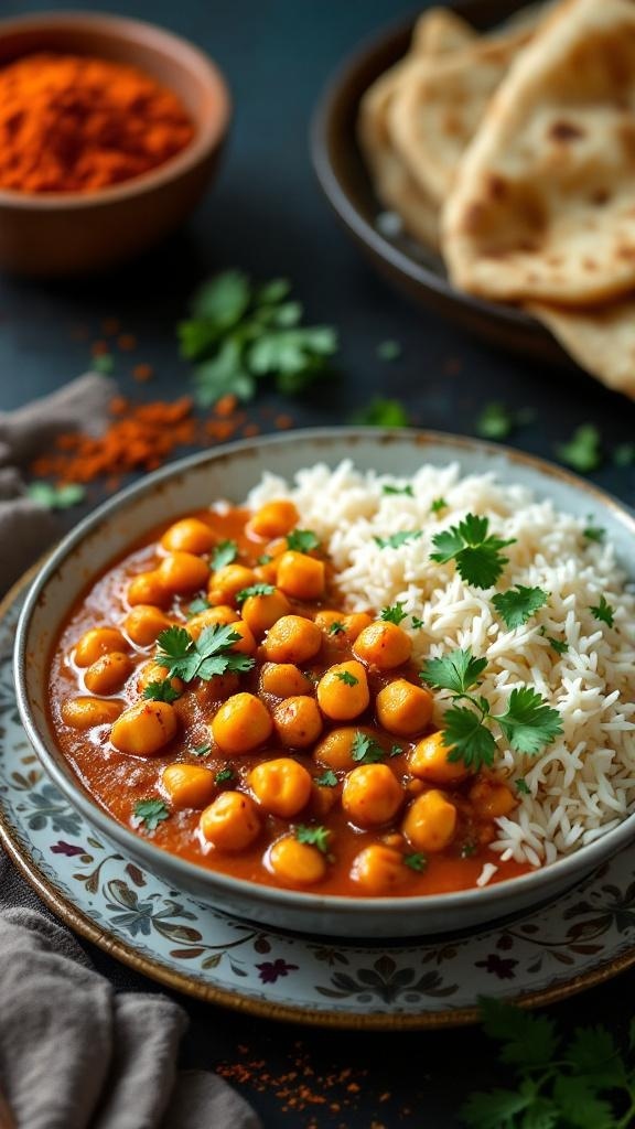 A bowl of spicy chickpea curry with rice and naan, garnished with cilantro.