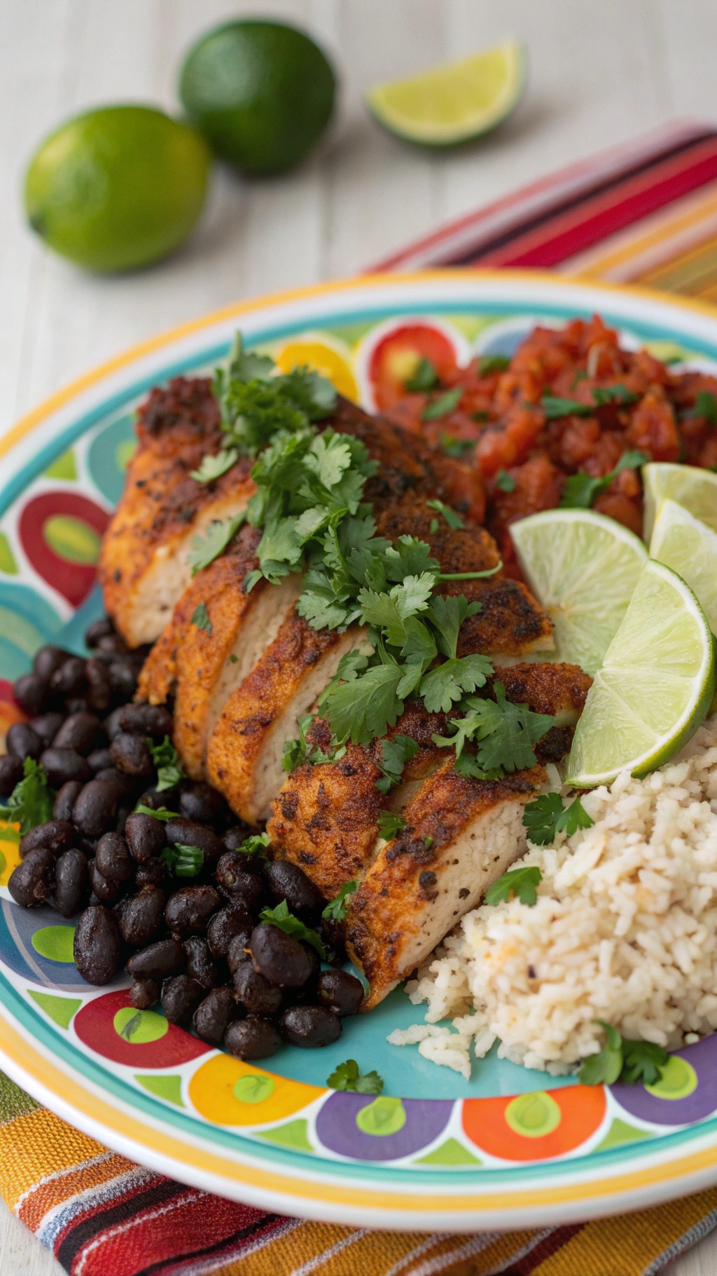 A colorful plate of spicy chipotle chicken served with black beans, rice, and lime wedges, garnished with cilantro.