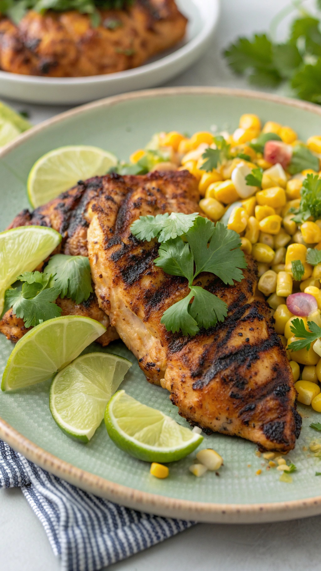 Grilled spicy chipotle lime chicken served with corn salad and lime wedges