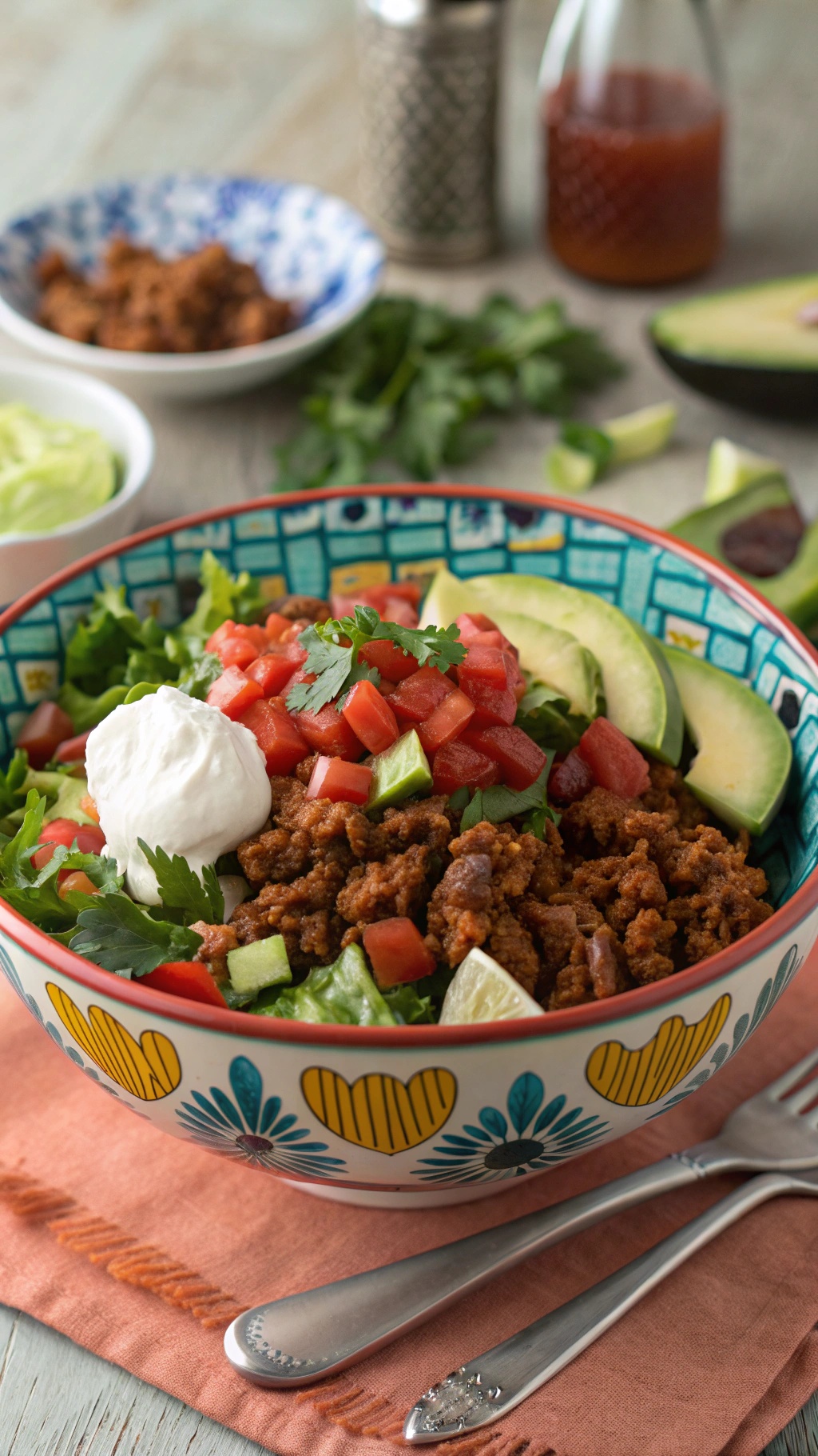 A colorful bowl of spicy chorizo taco salad with fresh ingredients like lettuce, tomatoes, avocado, and sour cream.