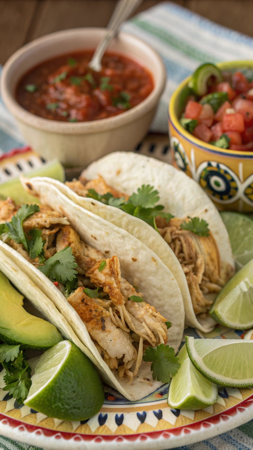 Spicy Cilantro-Lime Chicken Tacos with lime wedges and salsa