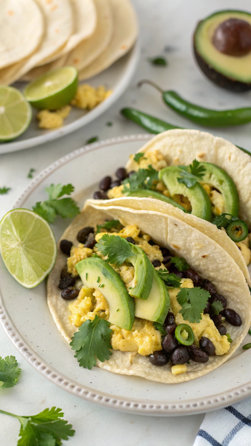Spicy egg and black bean tacos with avocado and lime on a plate.