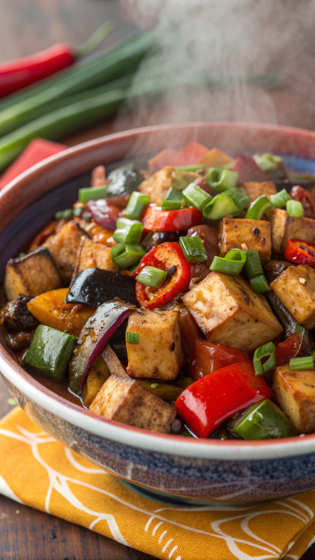 A colorful bowl of spicy eggplant and tofu stir-fry with green onions on top.