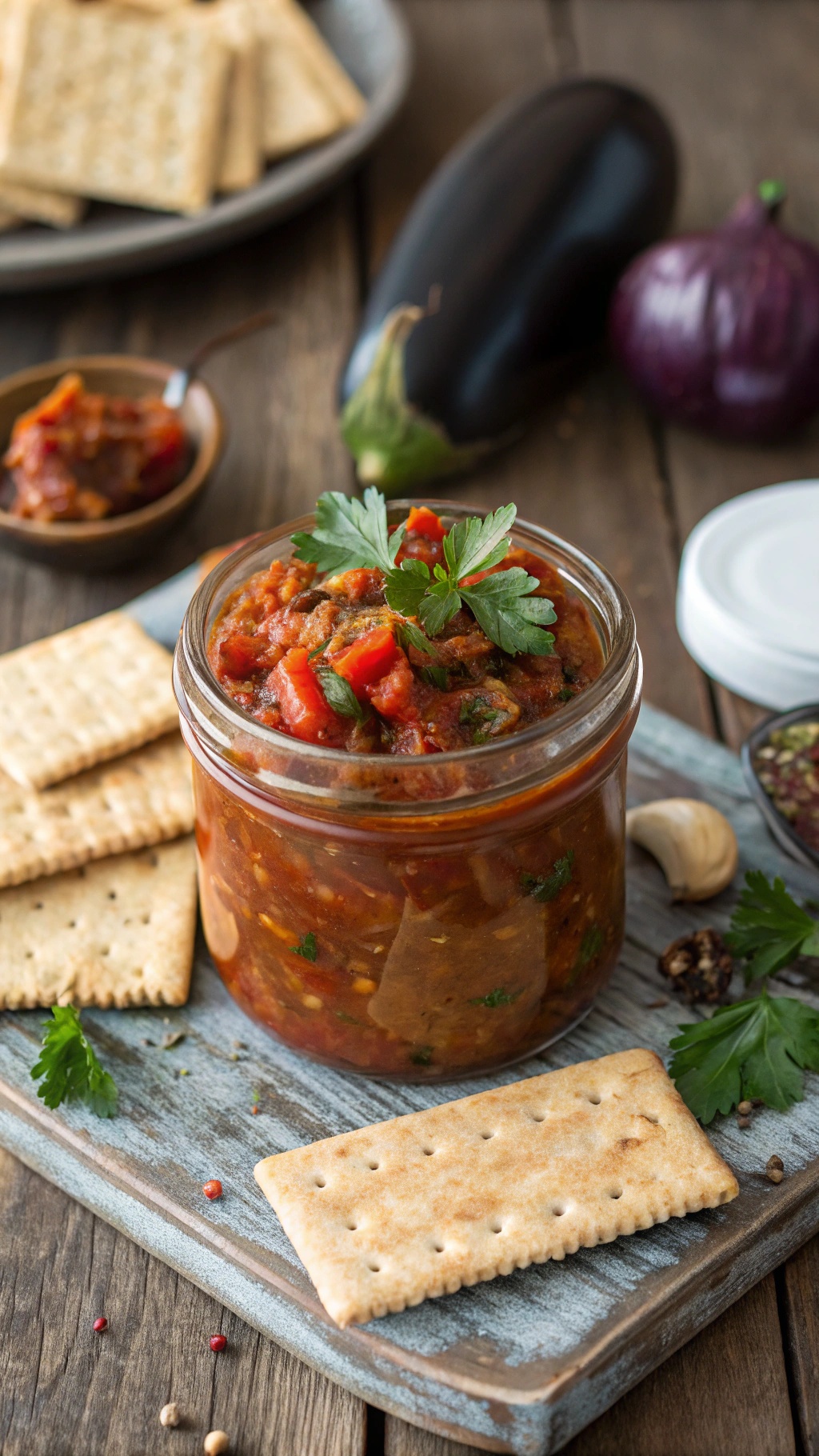 A jar of spicy eggplant and tomato chutney with crackers on a wooden board.