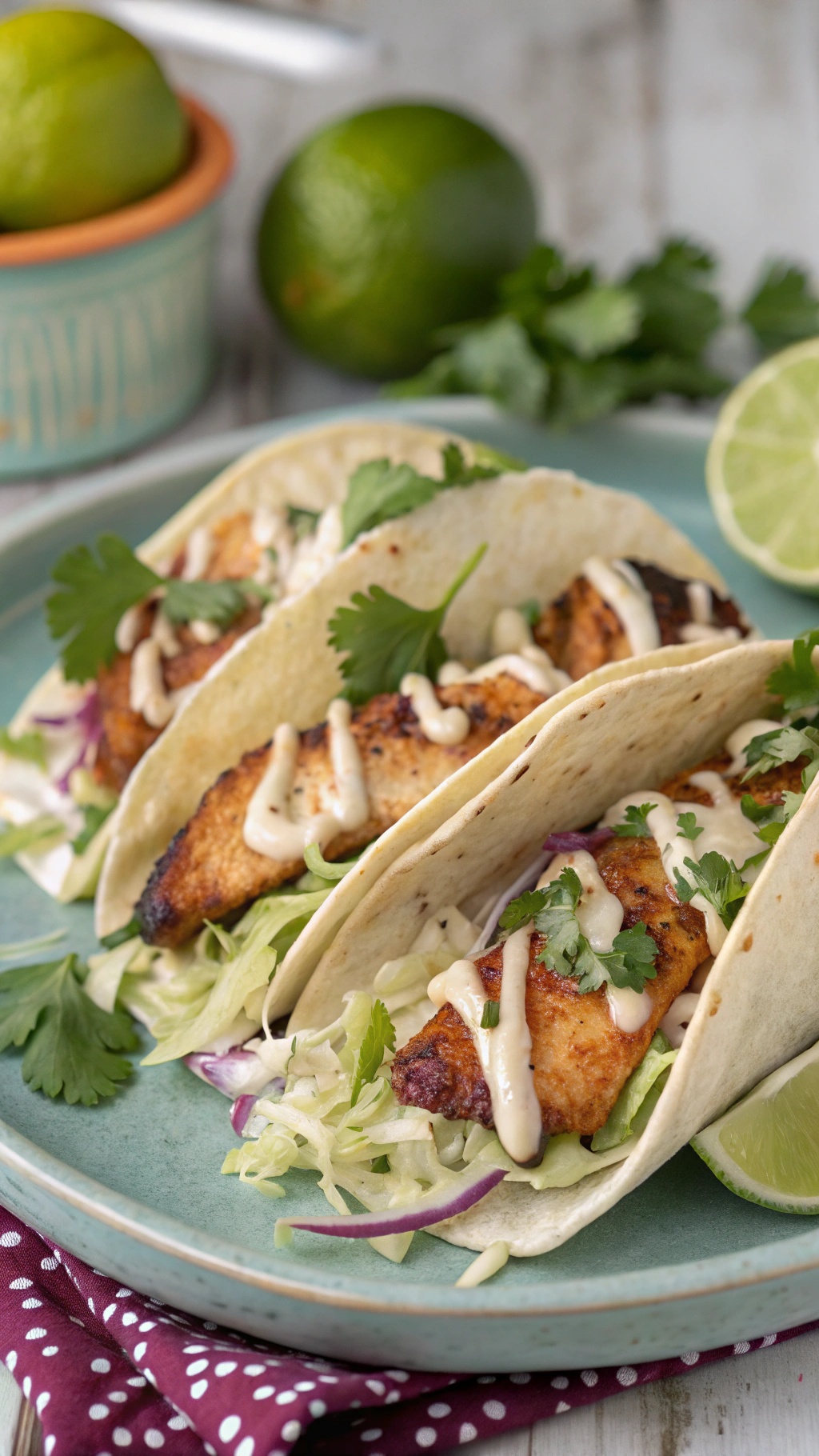 Spicy fish tacos with cabbage slaw, garnished with cilantro and lime.
