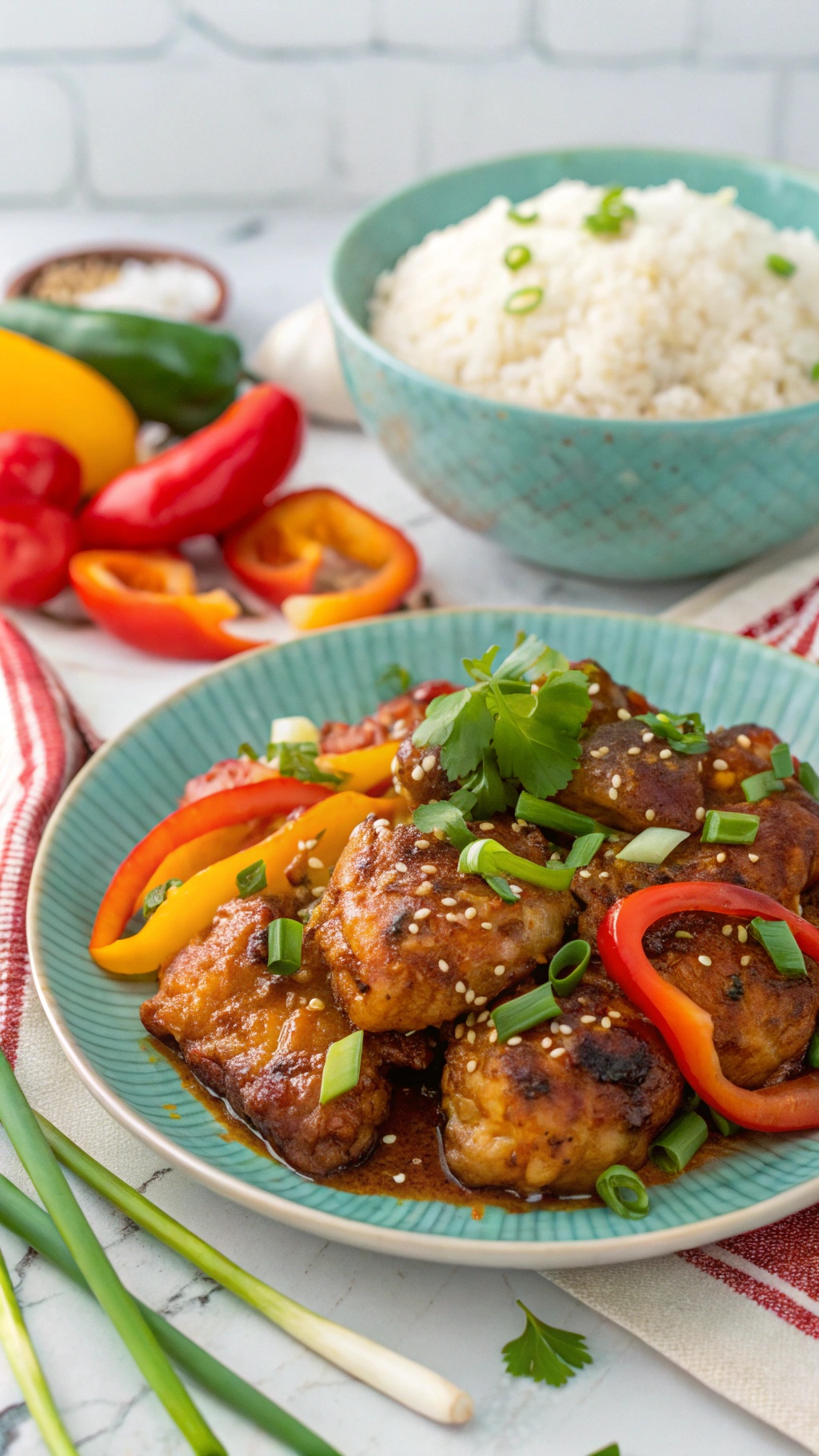 A plate of spicy garlic chicken thighs with colorful bell peppers and a bowl of rice