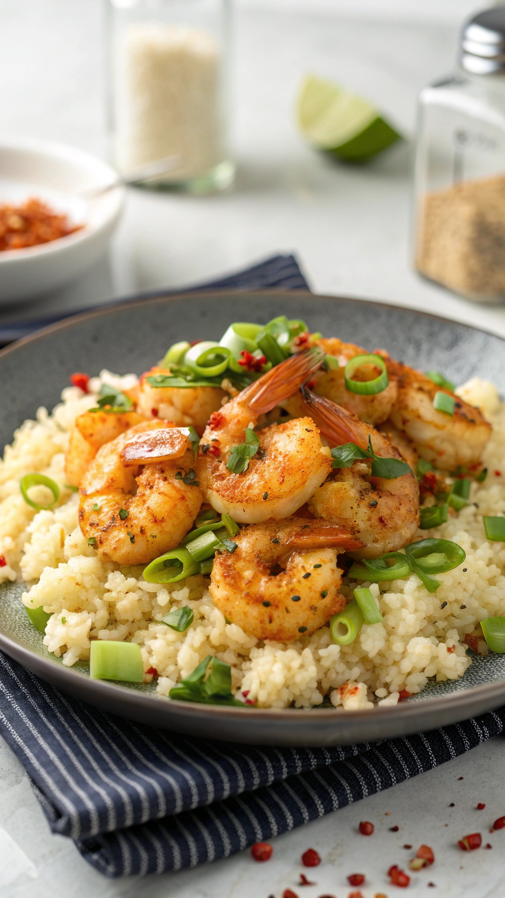 A plate of spicy garlic shrimp served over cauliflower rice, garnished with green onions and red pepper flakes.