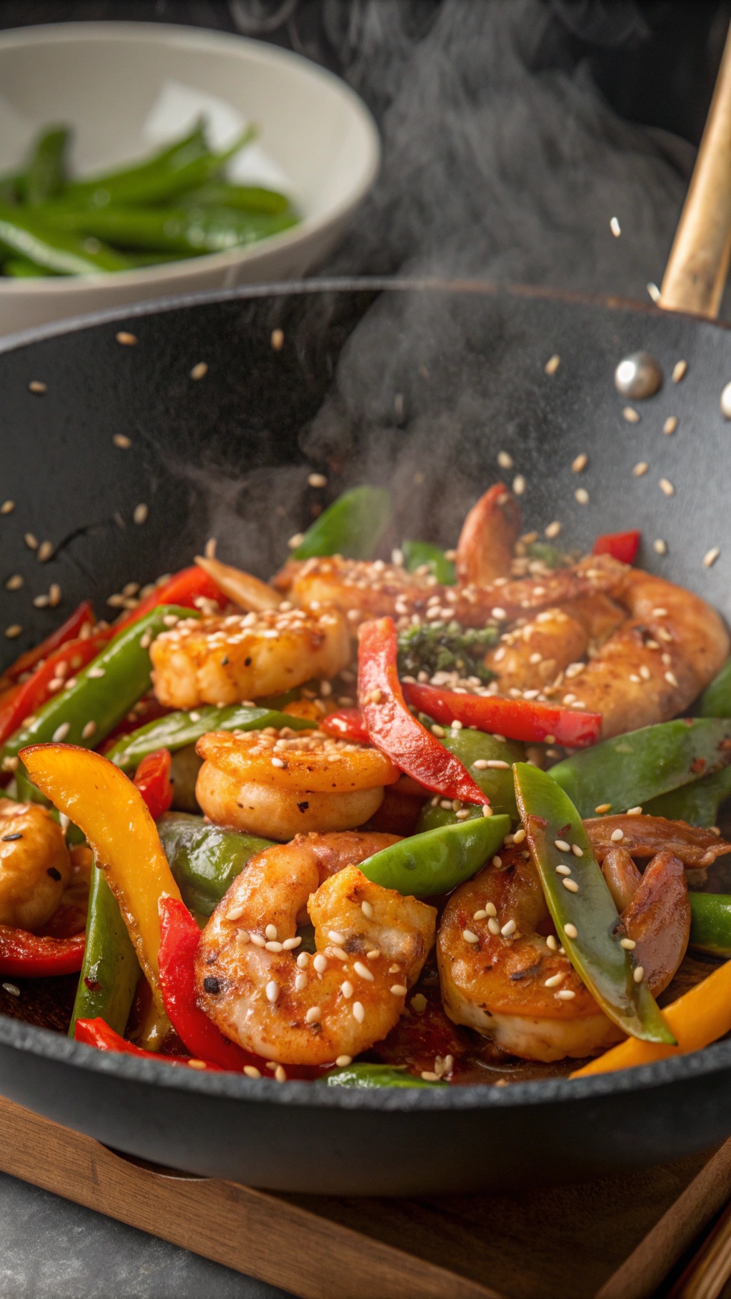 A vibrant spicy garlic shrimp stir-fry with colorful vegetables and sesame seeds.