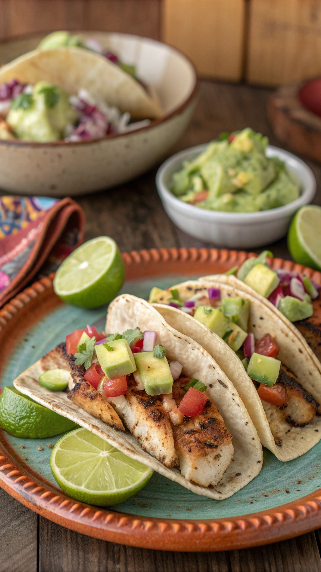 Spicy grilled fish tacos topped with avocado salsa, served with lime wedges.