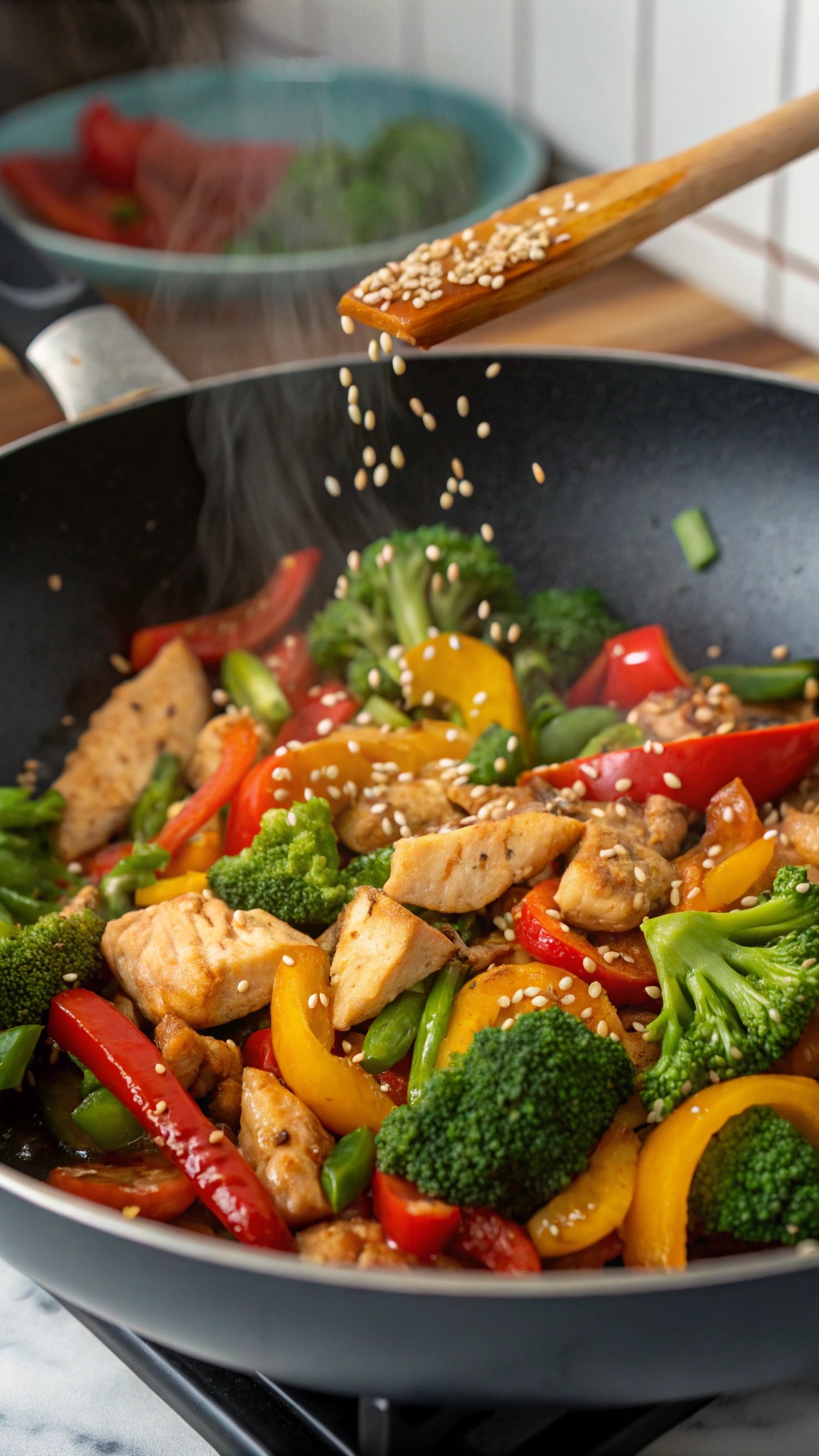 A colorful stir-fry with chicken, broccoli, and bell peppers being cooked in a pan.