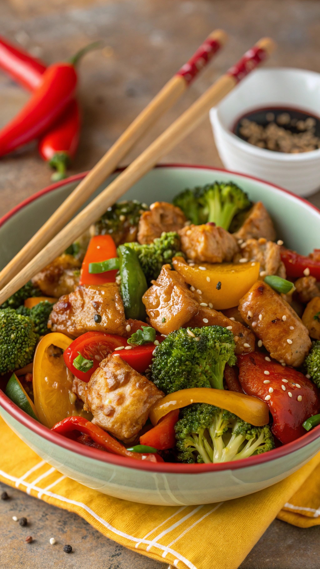A colorful bowl of spicy honey garlic chicken stir-fry with vegetables and chopsticks