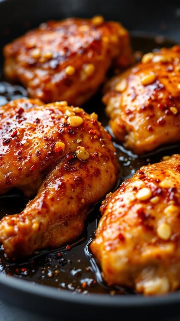 Delicious spicy honey garlic chicken thighs sizzling in a skillet