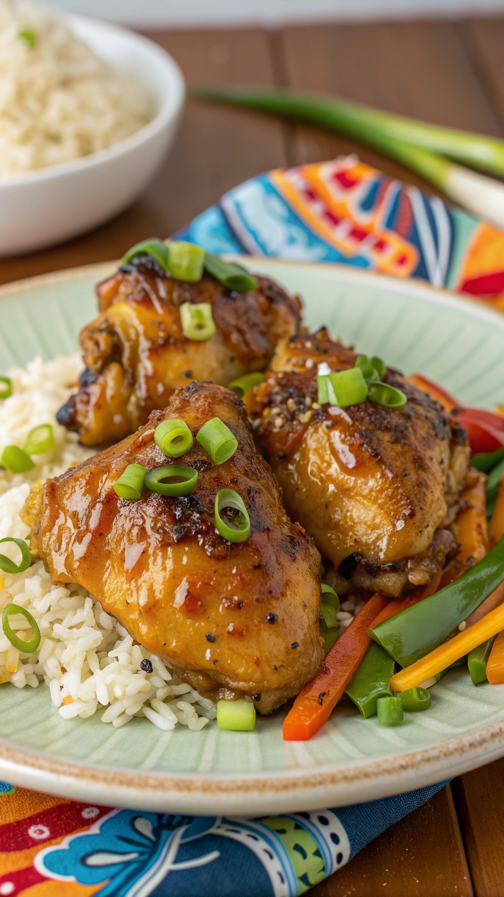 Spicy Honey Mustard Chicken Thighs served with rice and vegetables