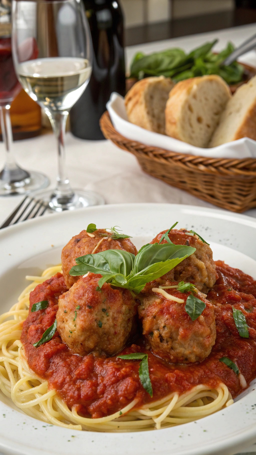 Spicy Italian chicken meatballs served with marinara sauce and spaghetti, garnished with fresh basil.
