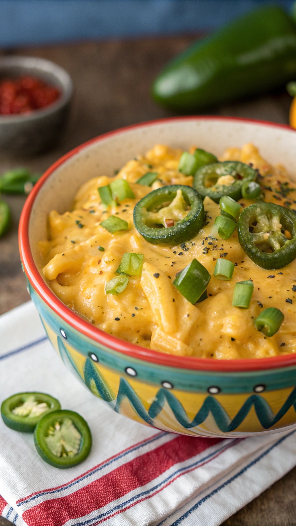 A bowl of spicy jalapeño keto mac and cheese topped with green onions and jalapeño slices.