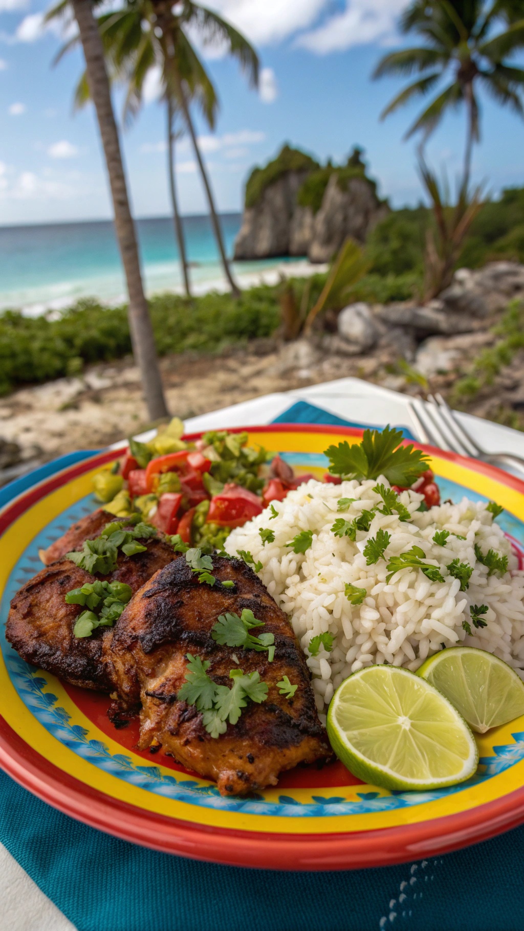 A colorful plate featuring spicy jerk chicken, coconut rice, and a fresh salad, set against a tropical beach backdrop.