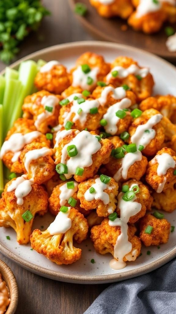Plate of spicy keto buffalo cauliflower bites topped with ranch dressing and green onions
