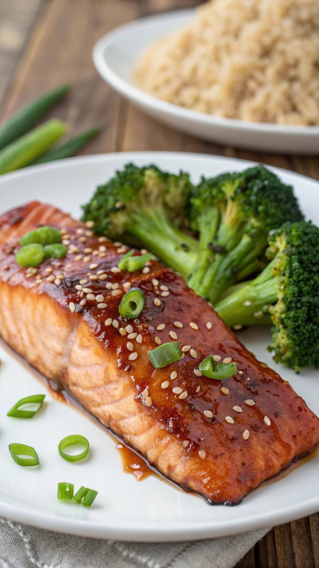 A plate of spicy maple glazed salmon with broccoli and rice.