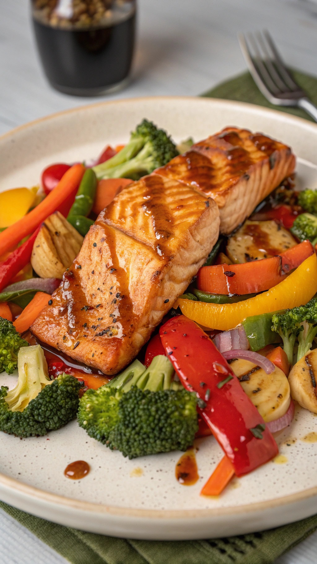 A plate of spicy maple glazed salmon with colorful vegetables.