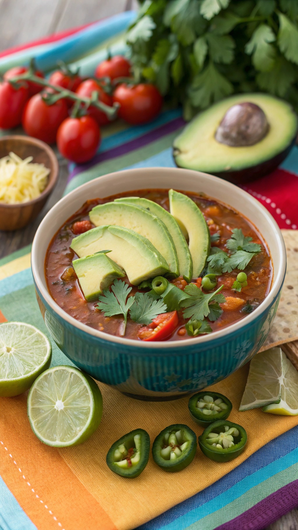 A bowl of spicy Mexican vegetable soup topped with avocado slices, cilantro, and green onions, with lime wedges and jalapeños on the side.