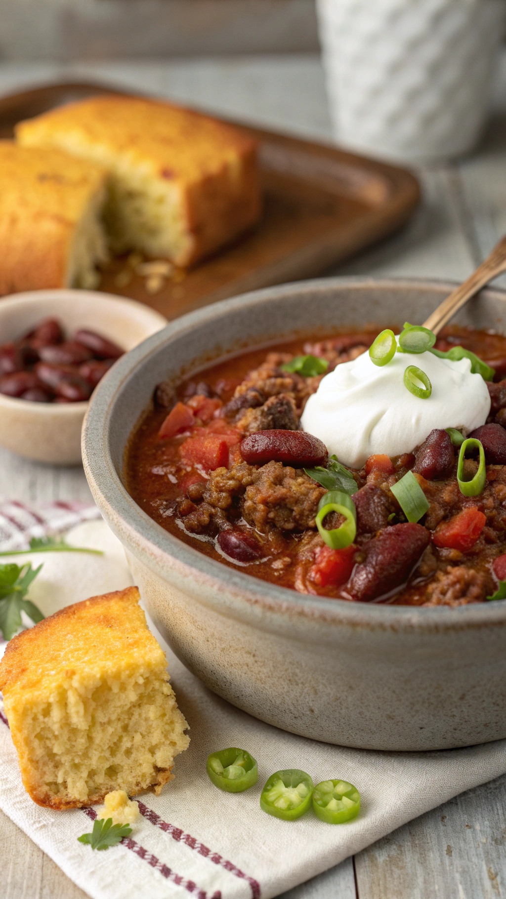 A bowl of spicy chili with beans, topped with sour cream and green onions, served with cornbread.