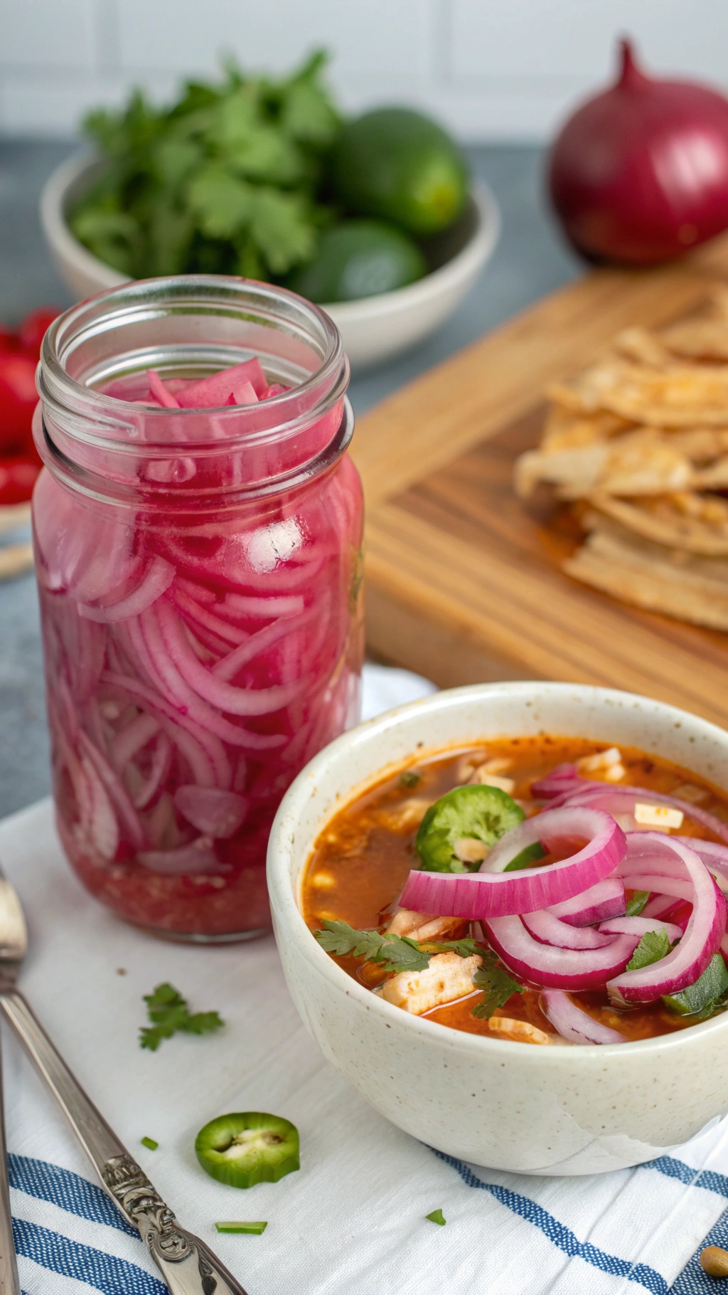 A jar of spicy pickled red onions next to a bowl of chicken tortilla soup topped with onions and jalapeños.