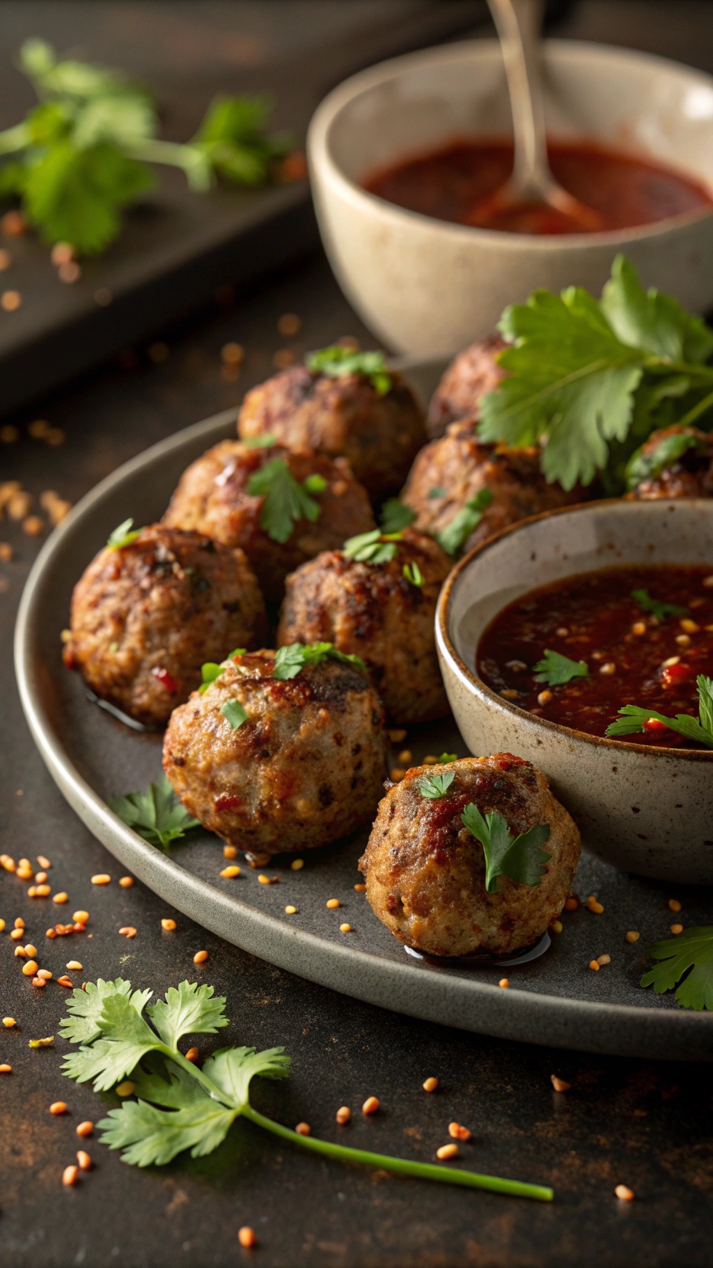 A plate of spicy pork and cilantro meatballs garnished with fresh cilantro, served with a dipping sauce.