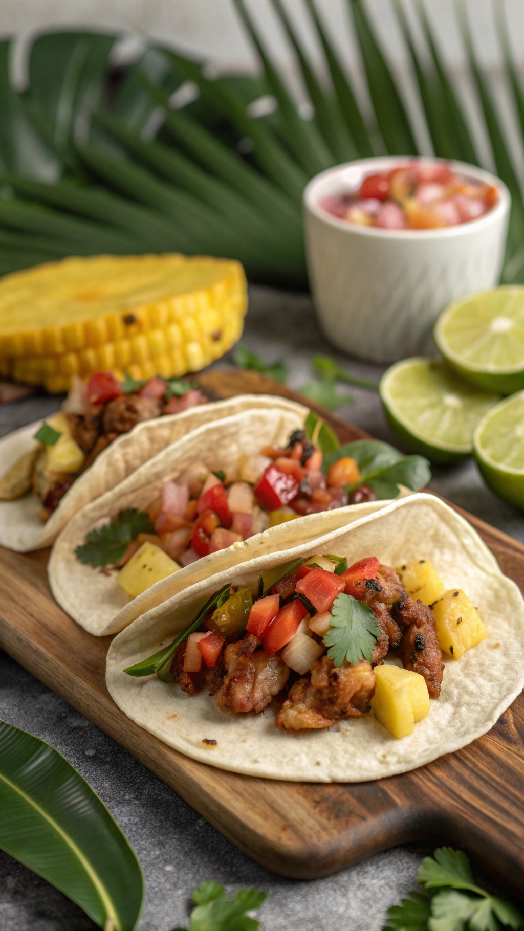 Spicy pork tacos with pineapple salsa on a wooden board, garnished with cilantro and lime wedges.