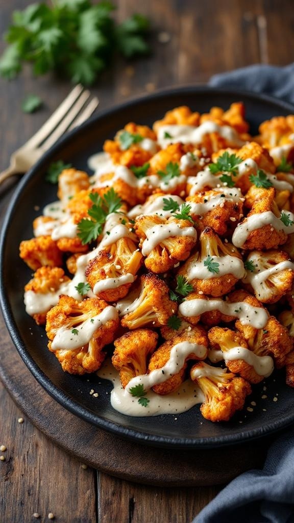 A plate of spicy roasted cauliflower drizzled with tahini sauce and garnished with fresh cilantro.