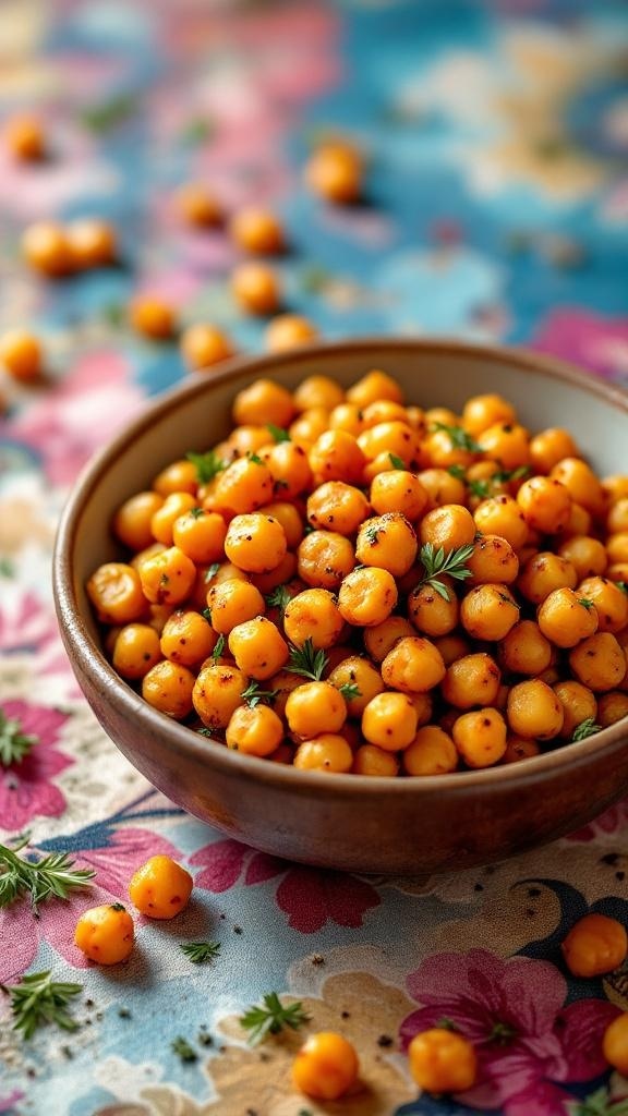 A bowl of spicy roasted chickpeas on a colorful floral tablecloth.