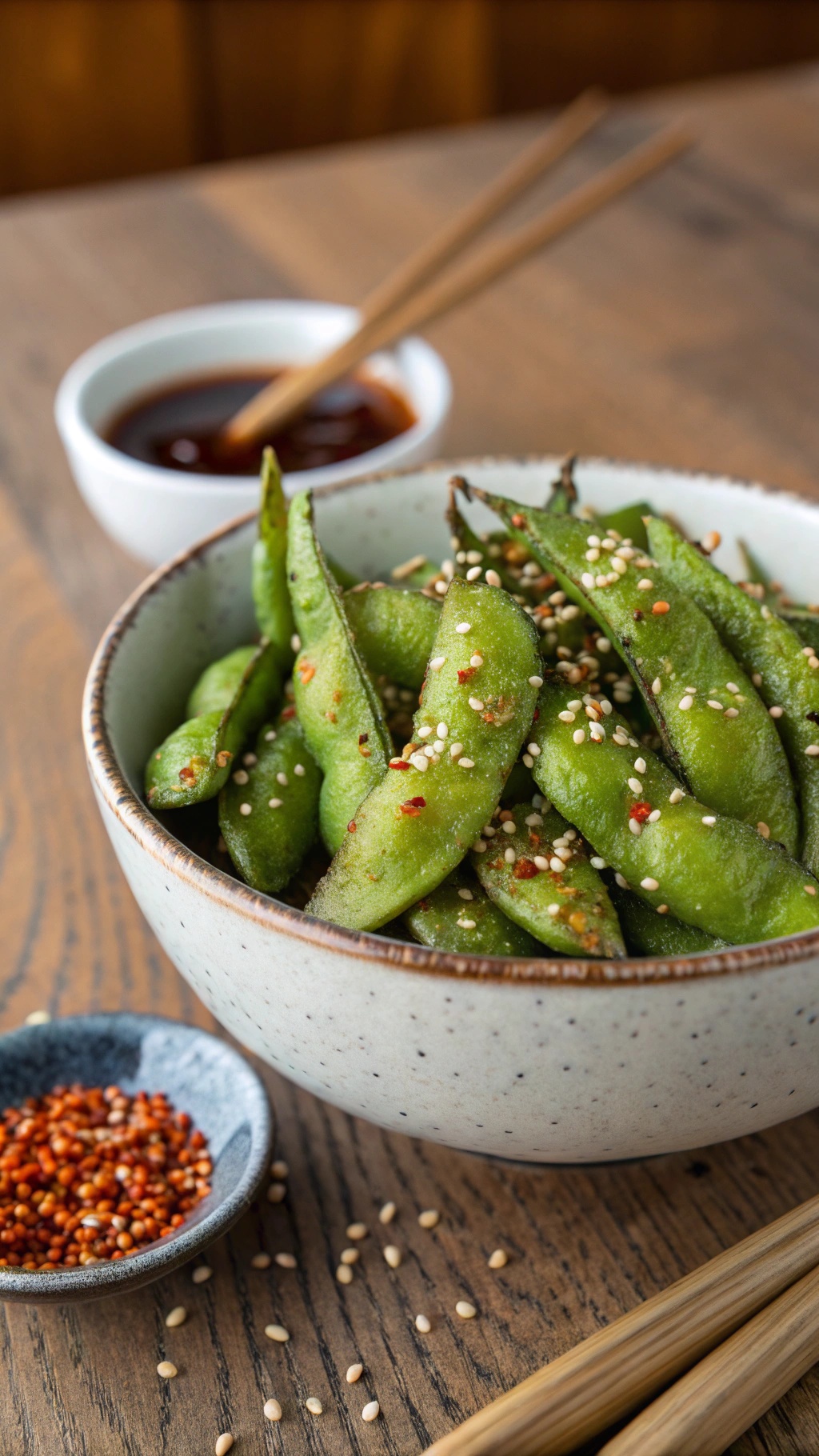 A bowl of spicy roasted edamame sprinkled with sesame seeds and red pepper flakes, with a small dish of red pepper flakes and chopsticks nearby.