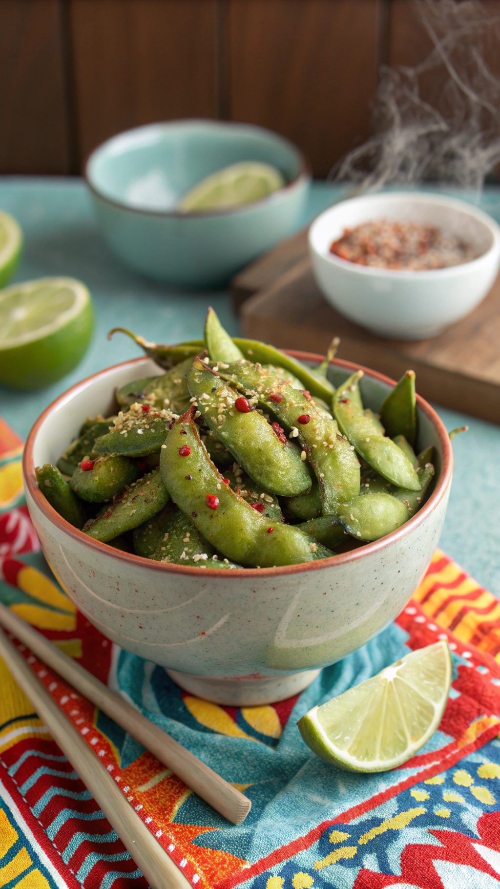 A bowl of spicy roasted edamame with sesame seeds and red pepper flakes, garnished with lime slices.