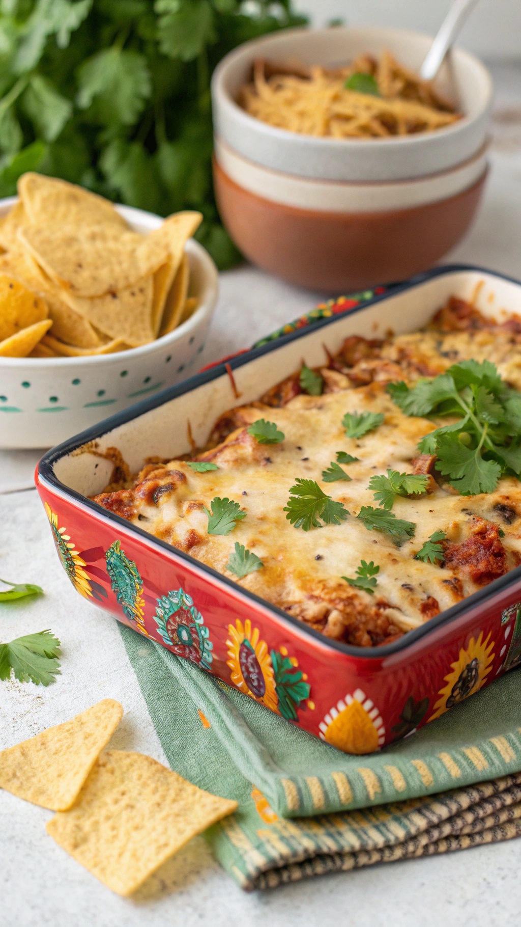 A colorful Spicy Salsa Chicken Bake topped with cheese and cilantro, surrounded by tortilla chips and a bowl of pasta.