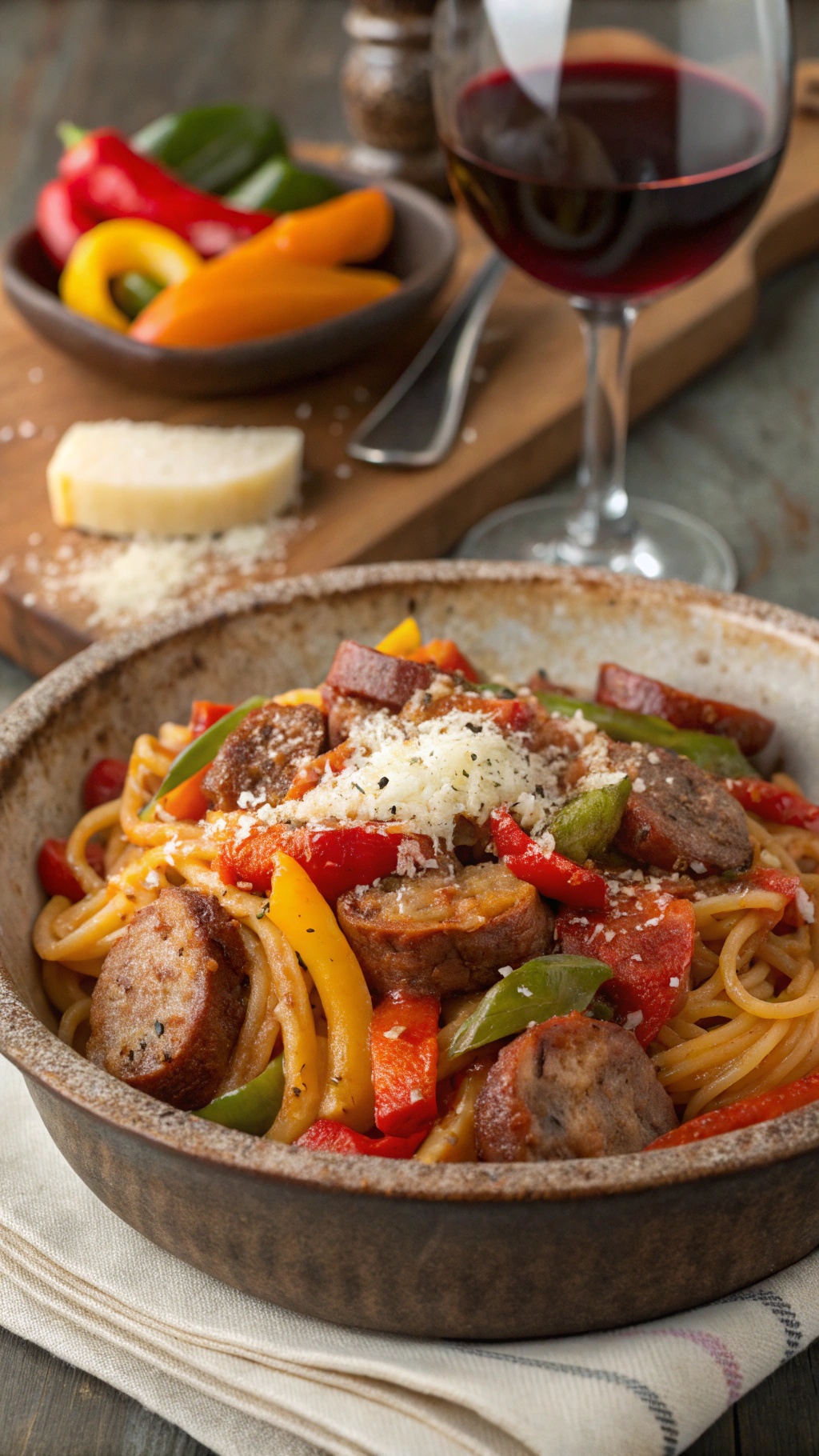A bowl of spicy sausage and bell pepper pasta with colorful peppers and a glass of red wine.