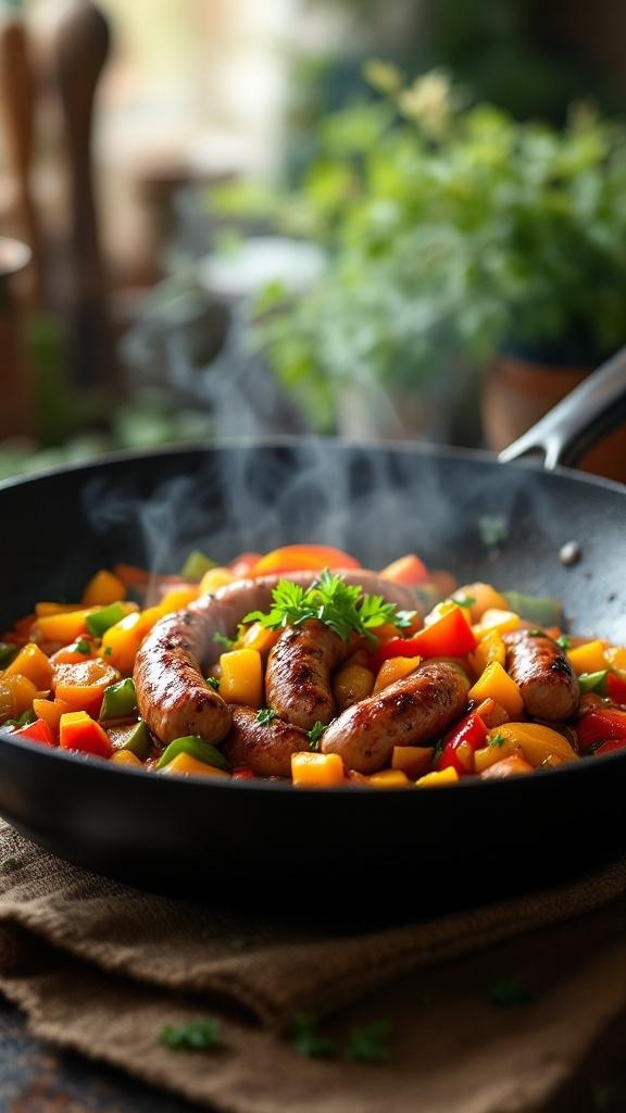 A skillet filled with spicy sausages and colorful bell peppers, steaming and ready to serve.