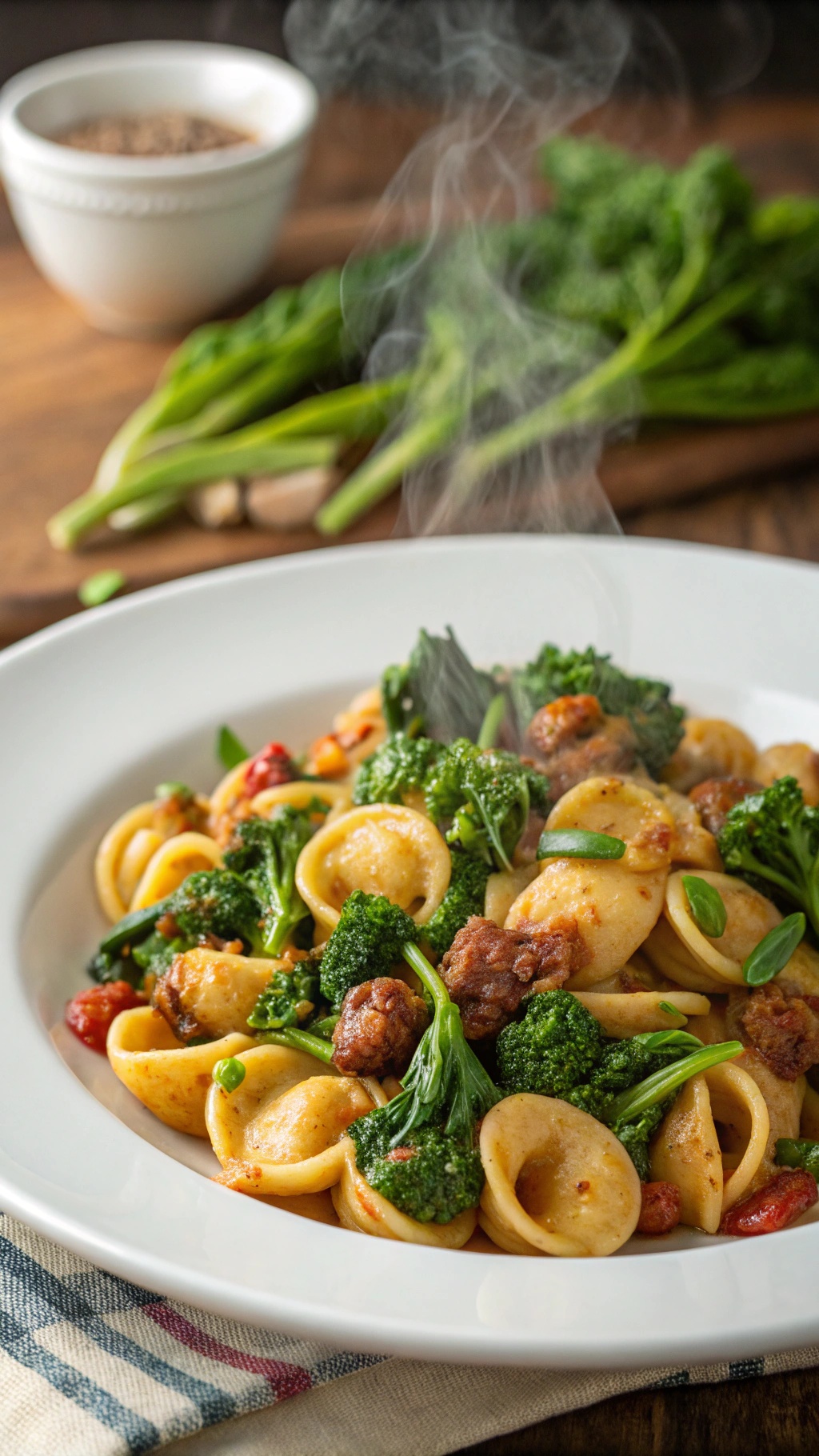 A bowl of spicy sausage and broccoli rabe orecchiette pasta with steam rising, garnished with green onions.