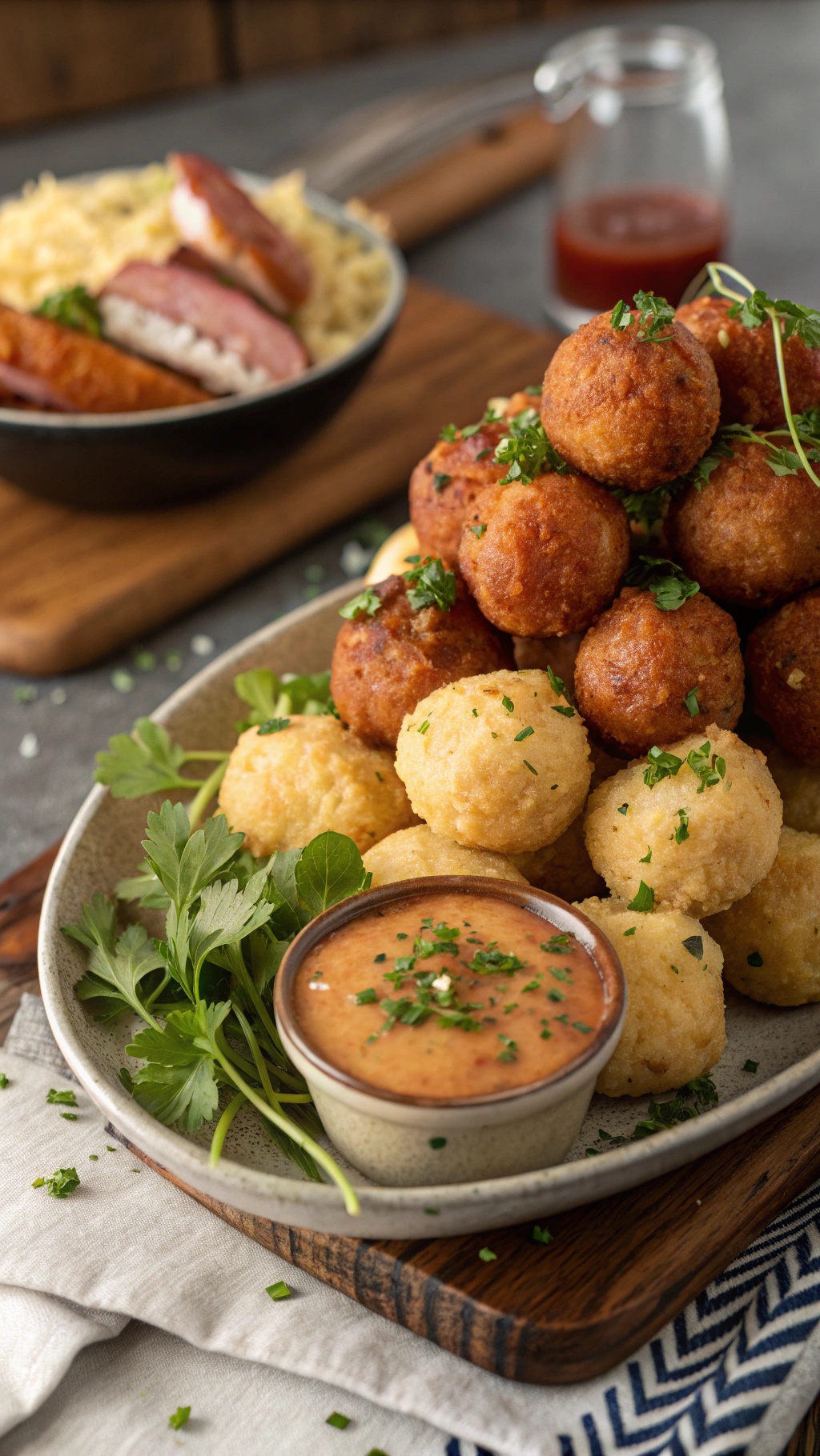 A plate of spicy sausage and cheese balls with a dipping sauce and garnished with herbs.