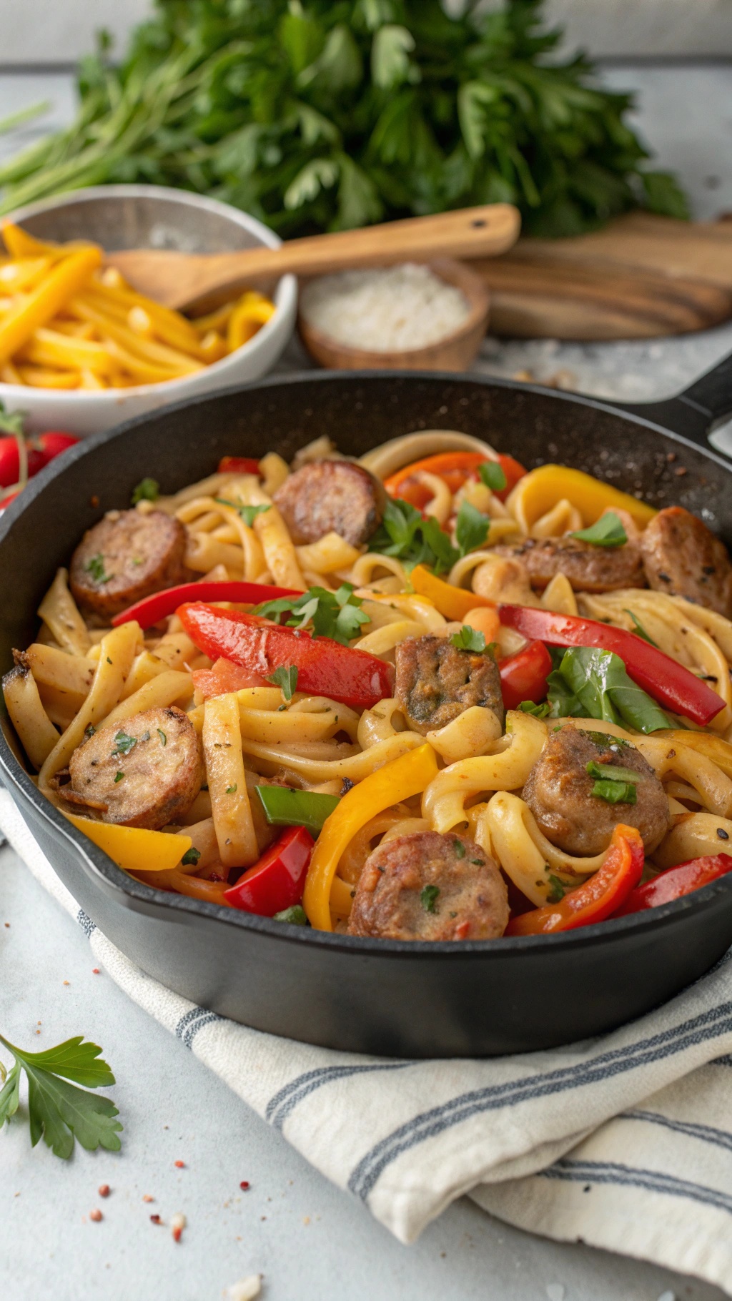 A delicious one-pot pasta dish with spicy sausage and colorful bell peppers.