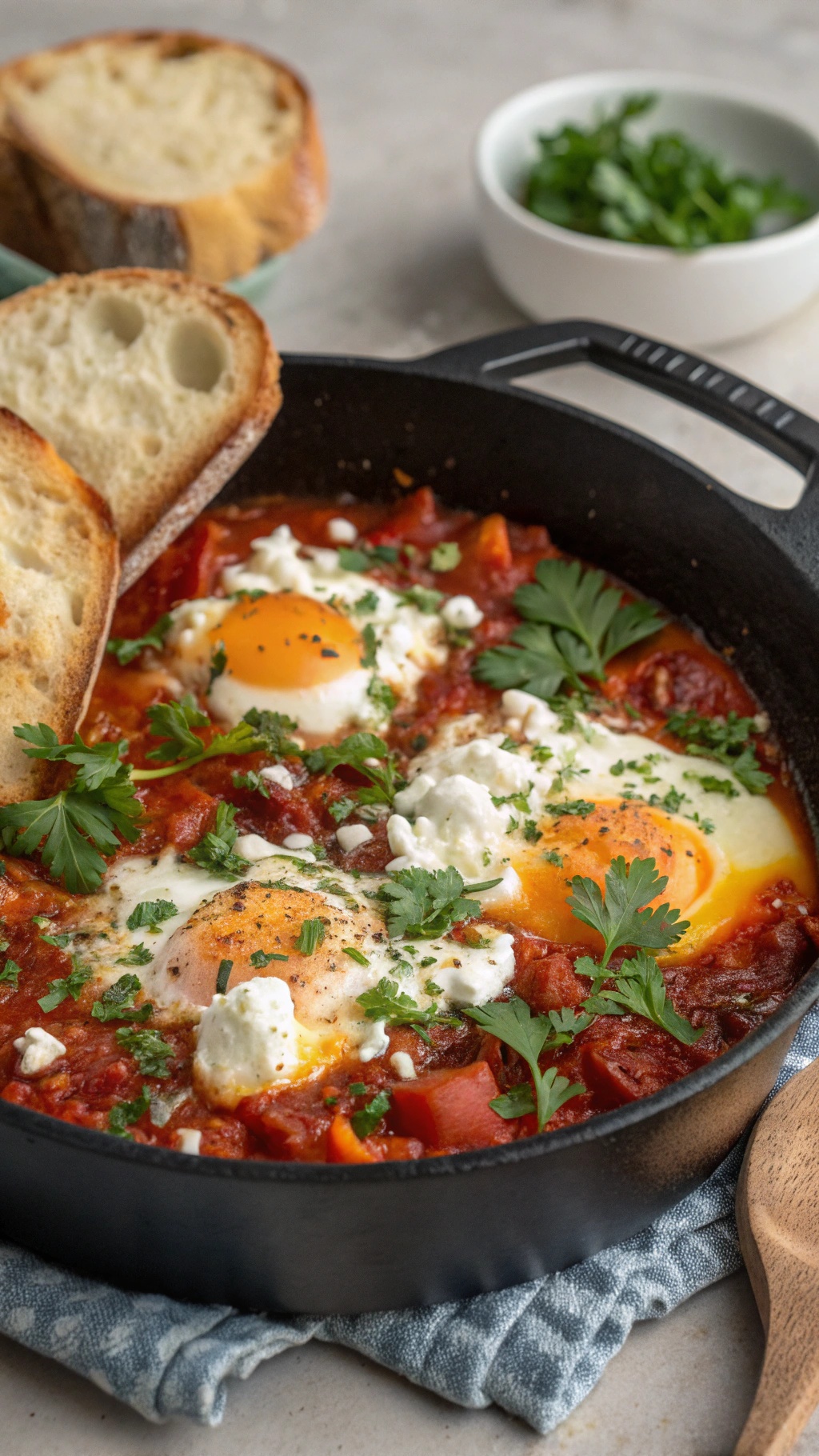 A skillet of spicy shakshuka with eggs, feta, and cilantro, served with toasted bread.