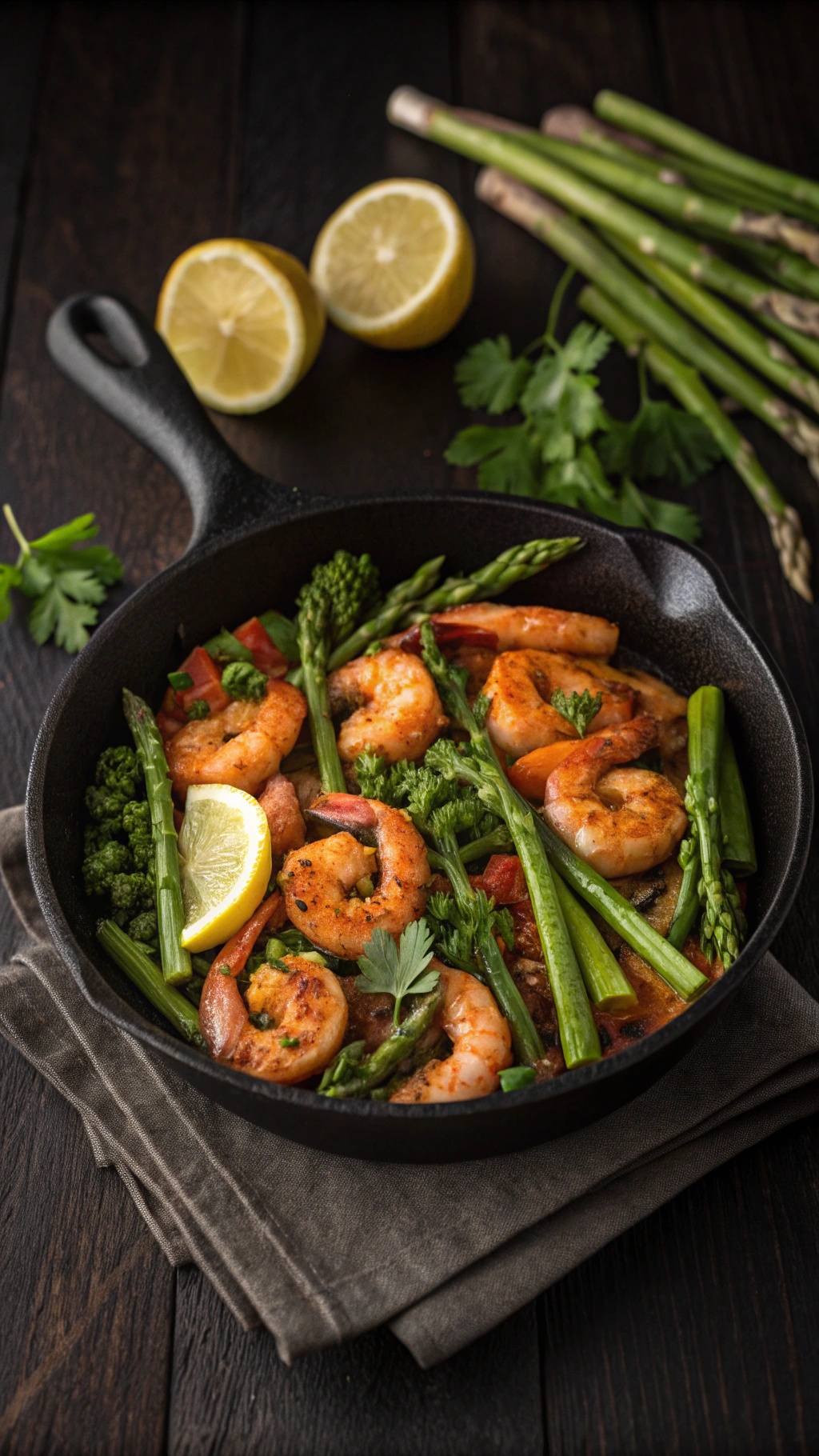 A skillet filled with spicy shrimp and asparagus, garnished with lemon and herbs.