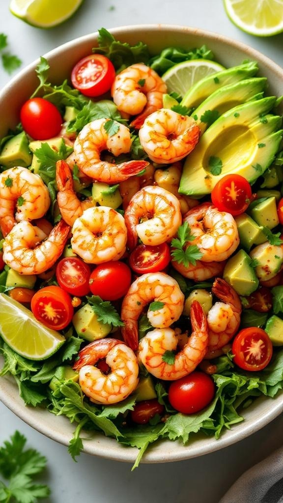 A colorful bowl of spicy shrimp and avocado salad with cherry tomatoes and lime.