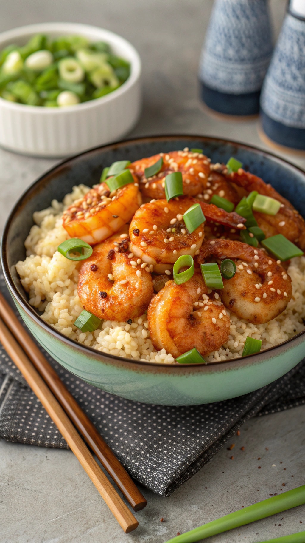 A bowl of spicy shrimp and cauliflower rice topped with green onions and sesame seeds, with chopsticks beside it.