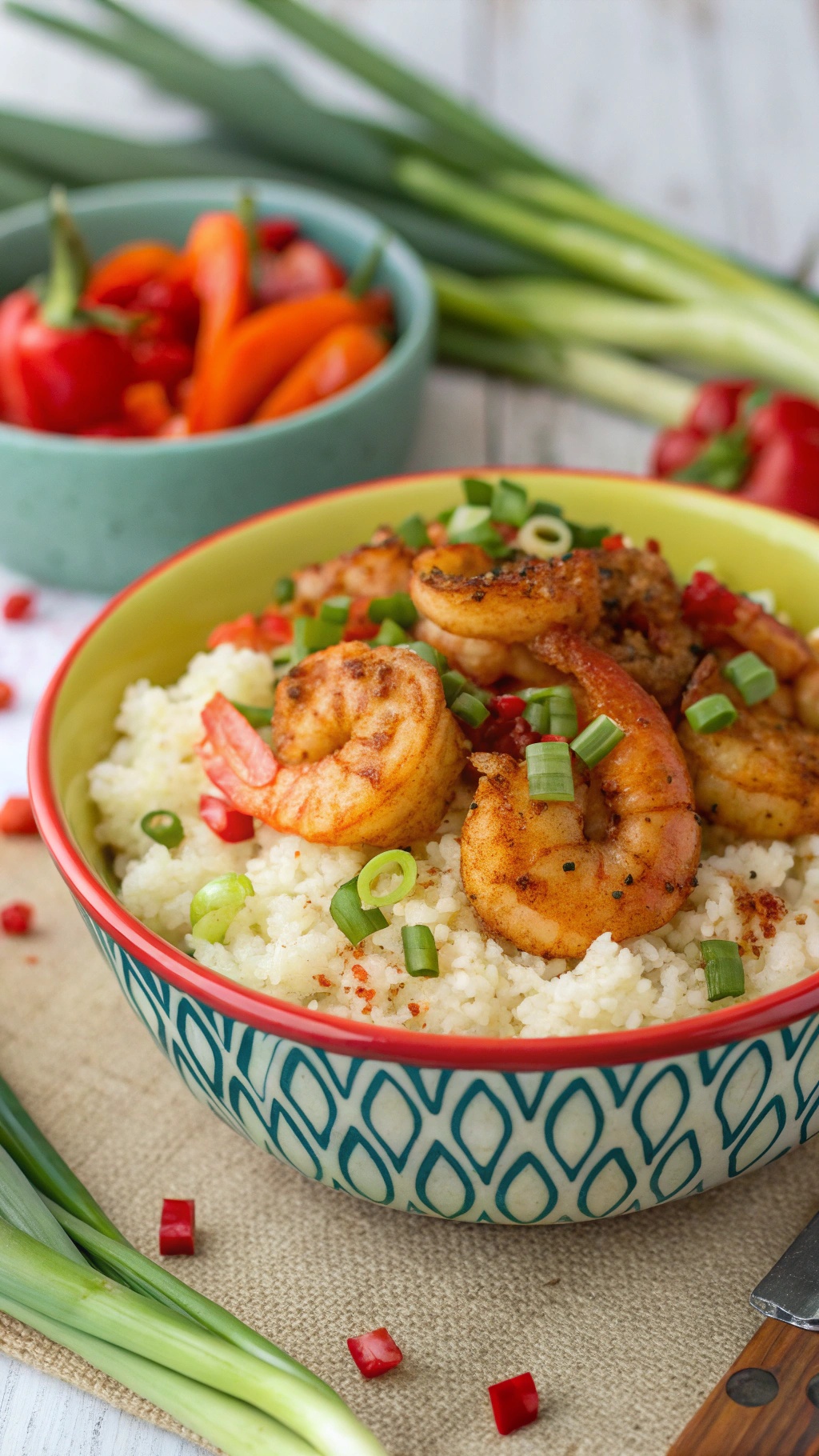 A bowl of spicy shrimp served over cauliflower rice, garnished with green onions and red peppers.