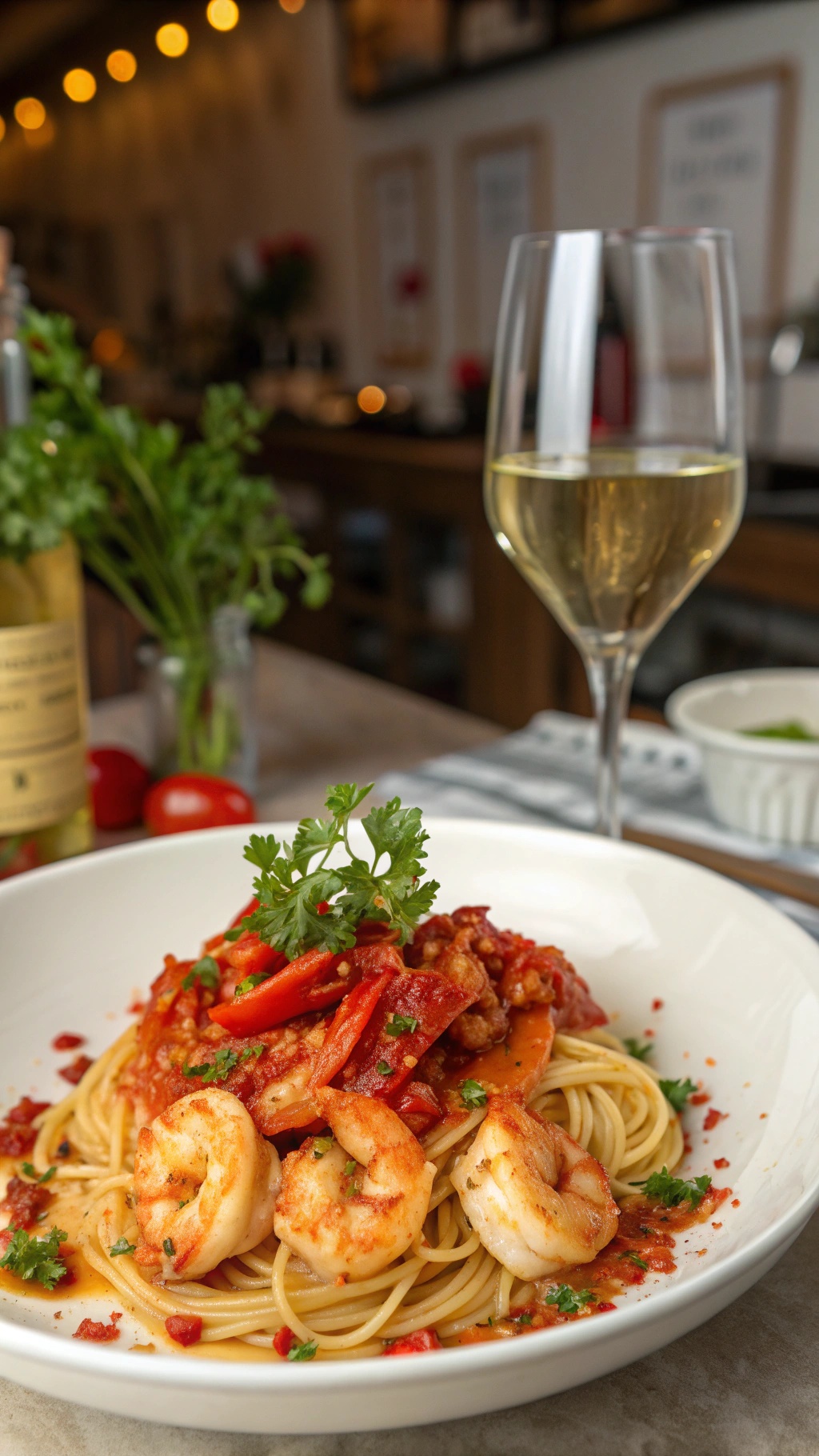 A bowl of spicy shrimp and tomato pasta garnished with parsley, served with a glass of white wine.