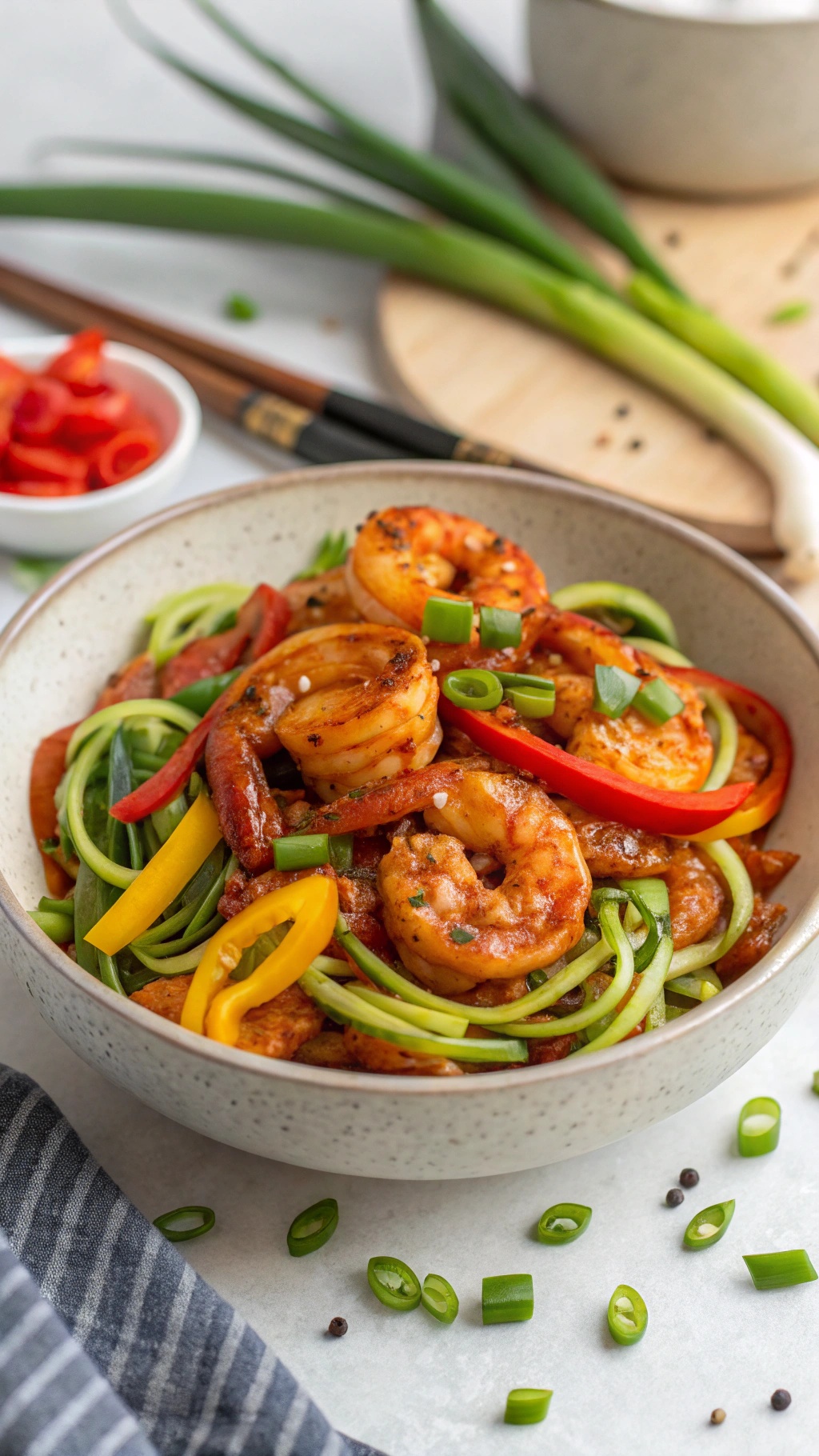 A bowl of spicy shrimp and zucchini noodles stir-fry with bell peppers and green onions.