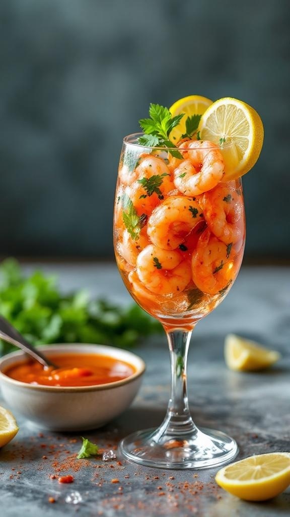 A glass of spicy shrimp cocktail garnished with lemon and parsley, served with a zesty sauce.
